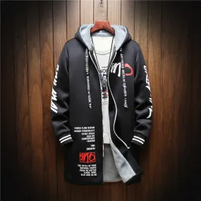 GbolsosWinter Slim Long Trench Coat Men Letter Print Style Hooded Overcoat Black Hip Hop Streetwear Autumn Korean Mens Jacket