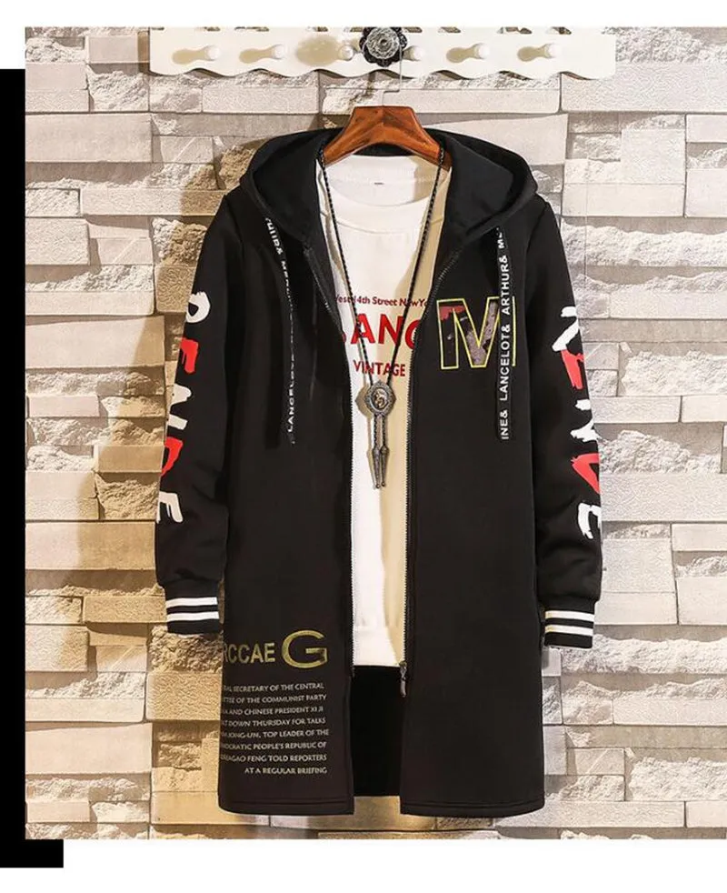 GbolsosWinter Slim Long Trench Coat Men Letter Print Style Hooded Overcoat Black Hip Hop Streetwear Autumn Korean Mens Jacket