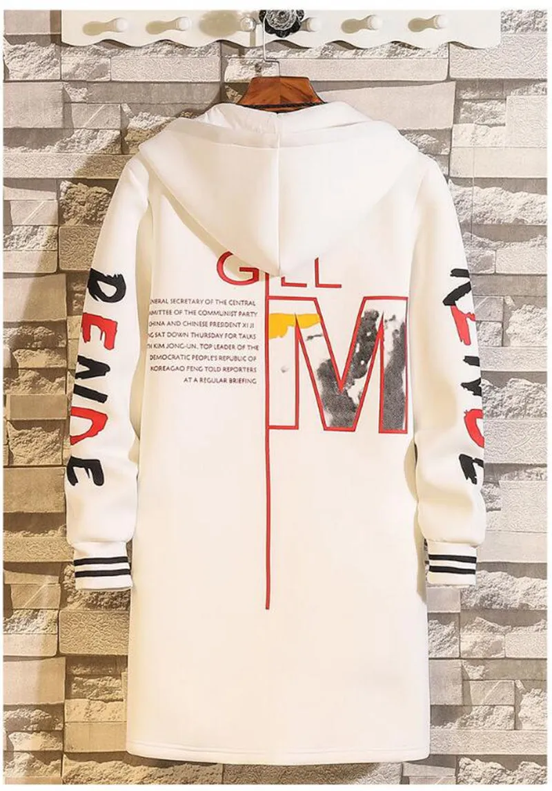 GbolsosWinter Slim Long Trench Coat Men Letter Print Style Hooded Overcoat Black Hip Hop Streetwear Autumn Korean Mens Jacket