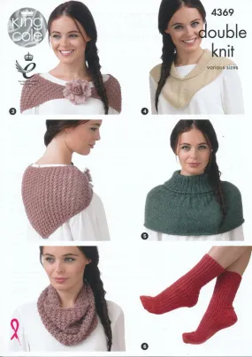 Hats, Triangular Neck Scarf, Shawl Collar Neck Warmer, Polo Neck Warmer, Socks, Gloves and Fingerless Gloves in King Cole Baby Alpaca DK (4369)