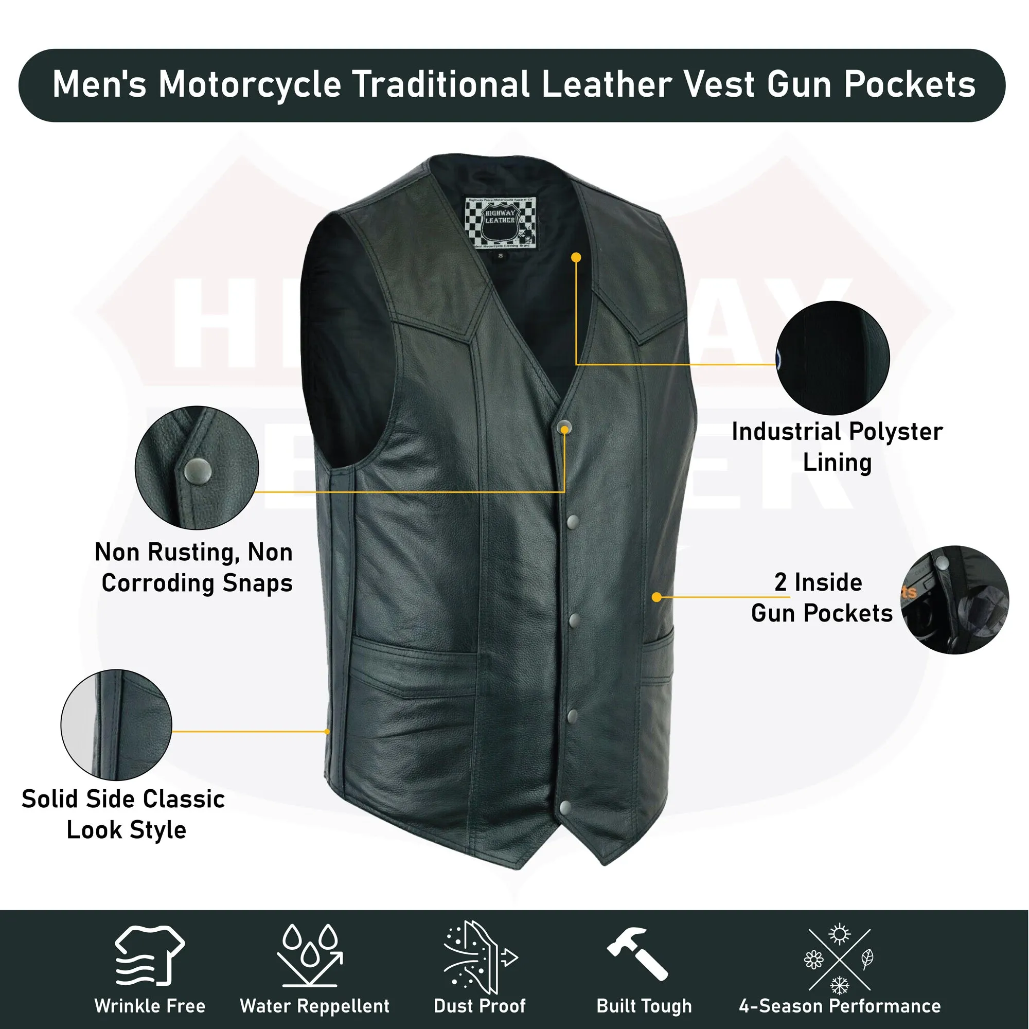 HL11600SPT Men's Motorcycle Leather Vest - The Classic Plain Biker Vest