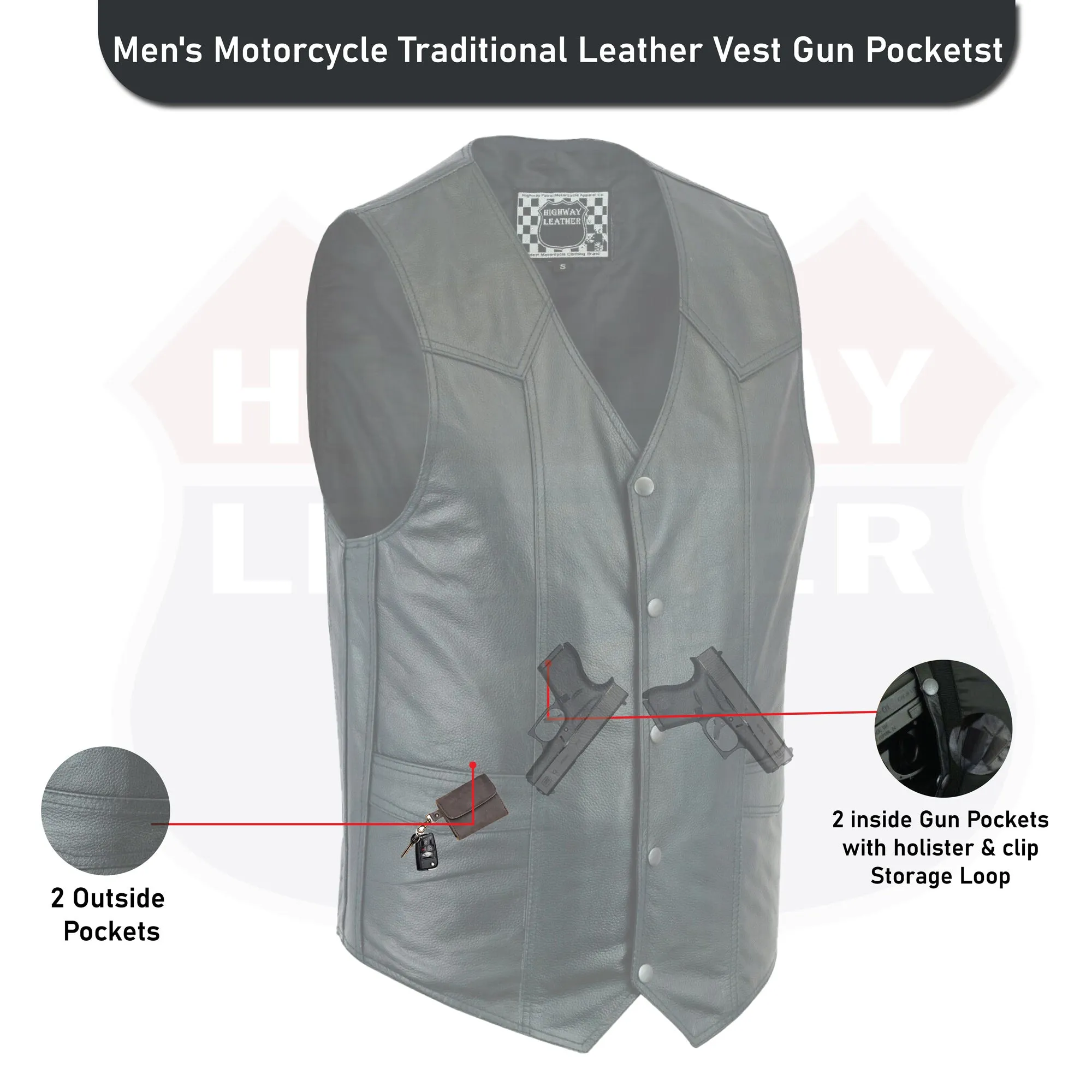 HL11600SPT Men's Motorcycle Leather Vest - The Classic Plain Biker Vest