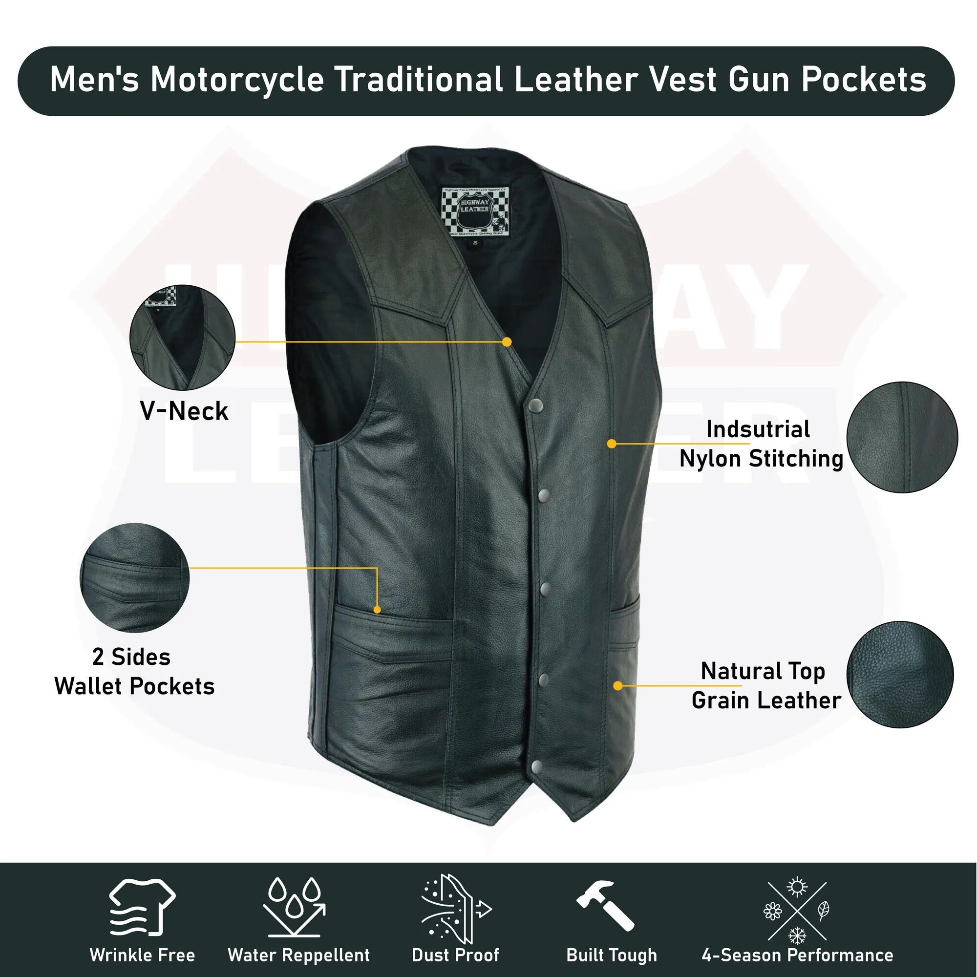 HL11600SPT Men's Motorcycle Leather Vest - The Classic Plain Biker Vest