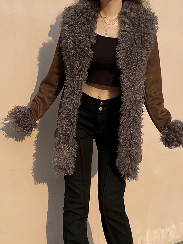 Joskaa HEYounGIRL Fur Collar Women Jacket Coat Fashion Retro Brown Street Outfits Fuzzy Suede Autumn Winter Overcoat Casual 90s Outwear