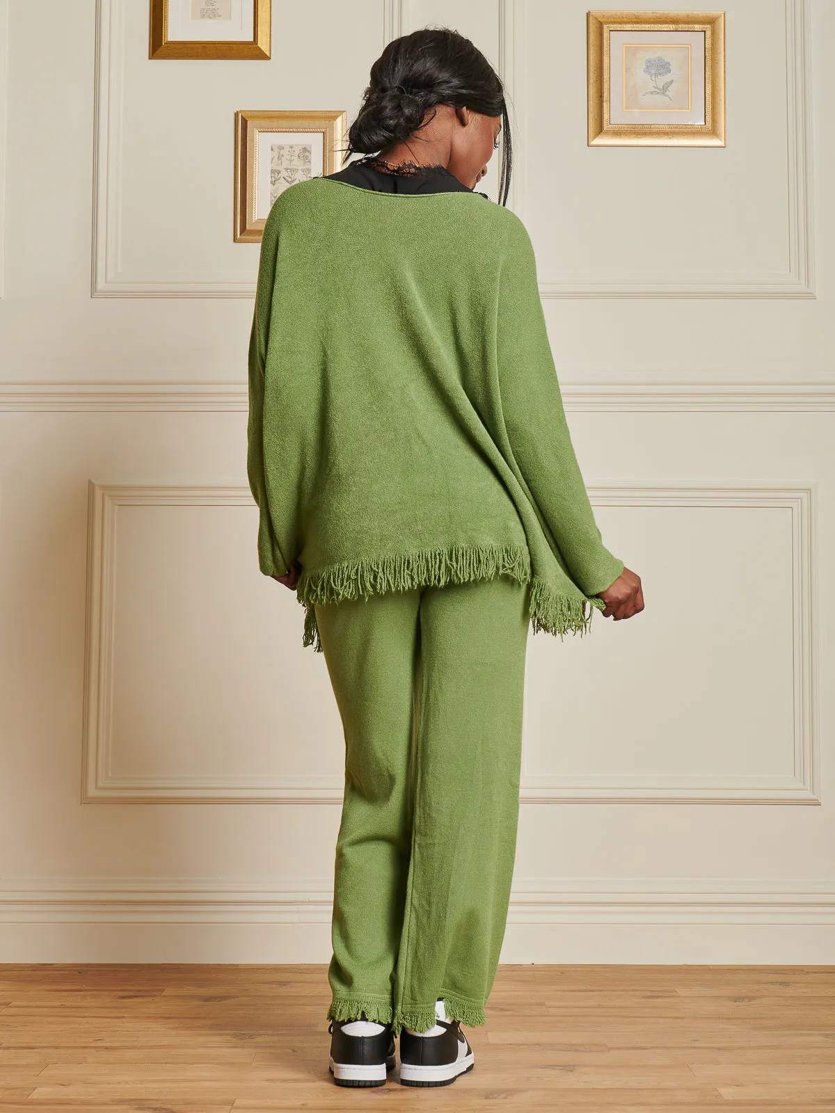 Knitted Fringe Detail Trousers, Olive Green