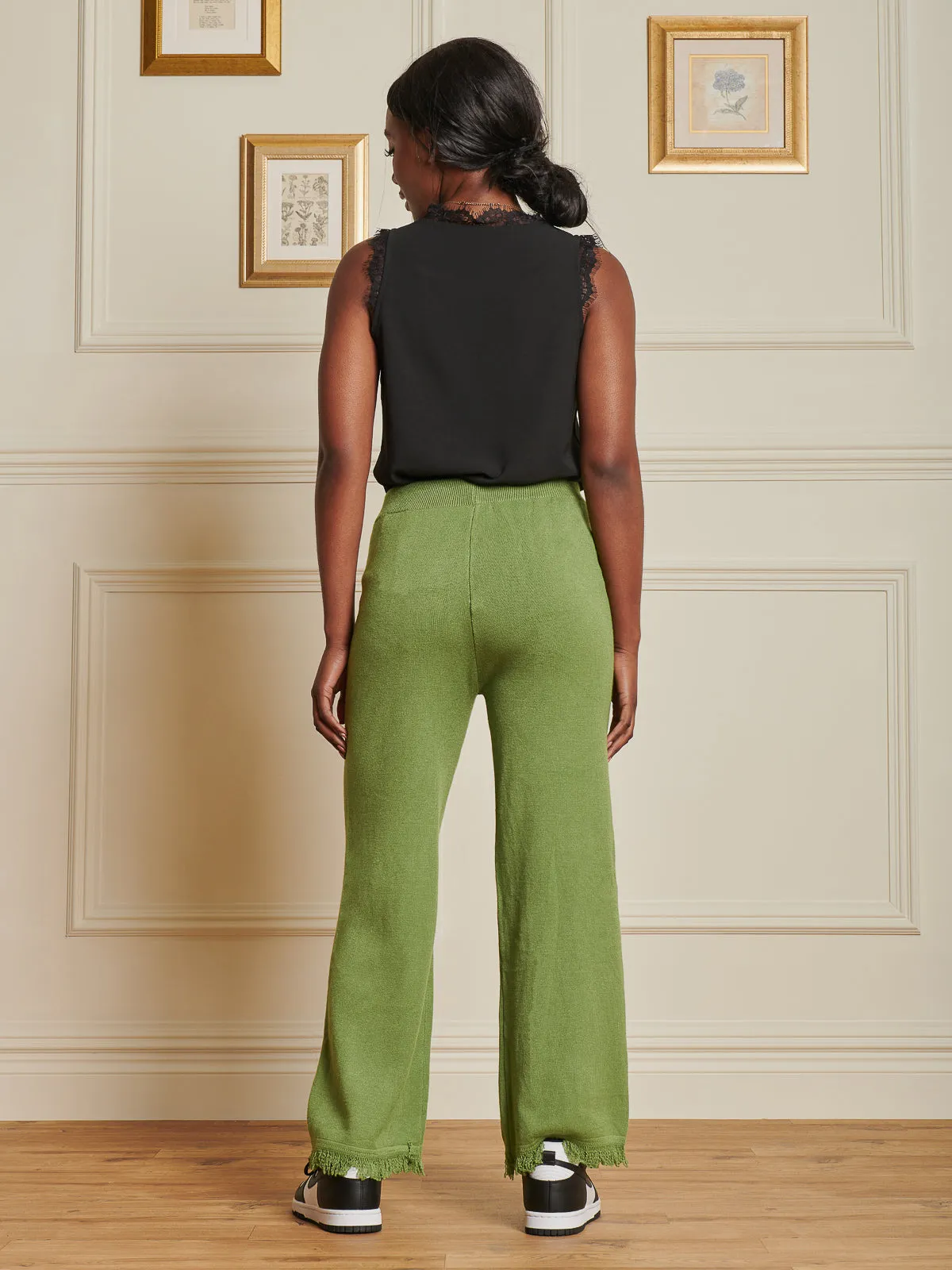 Knitted Fringe Detail Trousers, Olive Green