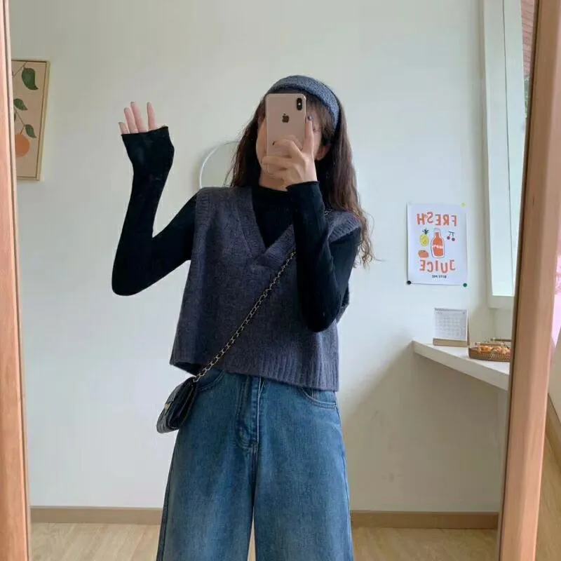 Lanfubeisi business casual outfits for women Small Vest Women's Outer Wear Autumn Korean Style Sleeveless Vest Small Western Style All-Match Short Knitted V-neck Vest Fashion