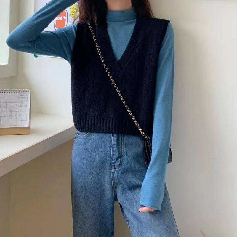 Lanfubeisi business casual outfits for women Small Vest Women's Outer Wear Autumn Korean Style Sleeveless Vest Small Western Style All-Match Short Knitted V-neck Vest Fashion