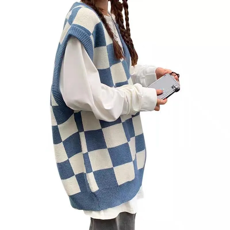 Lanfubeisi dti outfits Autumn and Winter Preppy Style All-Match Chessboard Plaid Sweater Vest Female Students Korean Style Loose Sleeveless Vest Knitted Outer Wear