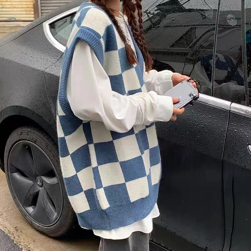 Lanfubeisi dti outfits Autumn and Winter Preppy Style All-Match Chessboard Plaid Sweater Vest Female Students Korean Style Loose Sleeveless Vest Knitted Outer Wear