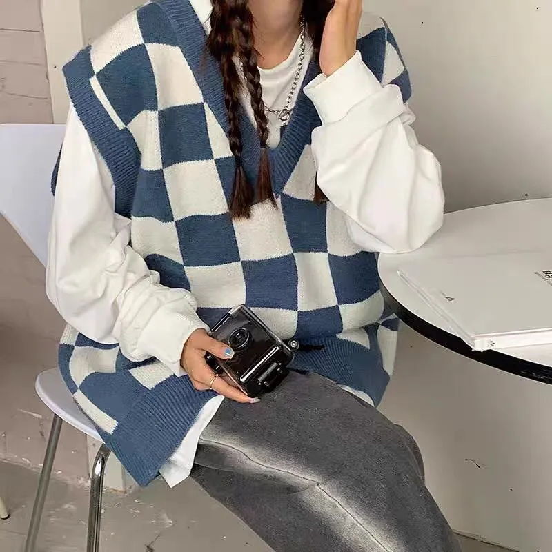 Lanfubeisi dti outfits Autumn and Winter Preppy Style All-Match Chessboard Plaid Sweater Vest Female Students Korean Style Loose Sleeveless Vest Knitted Outer Wear