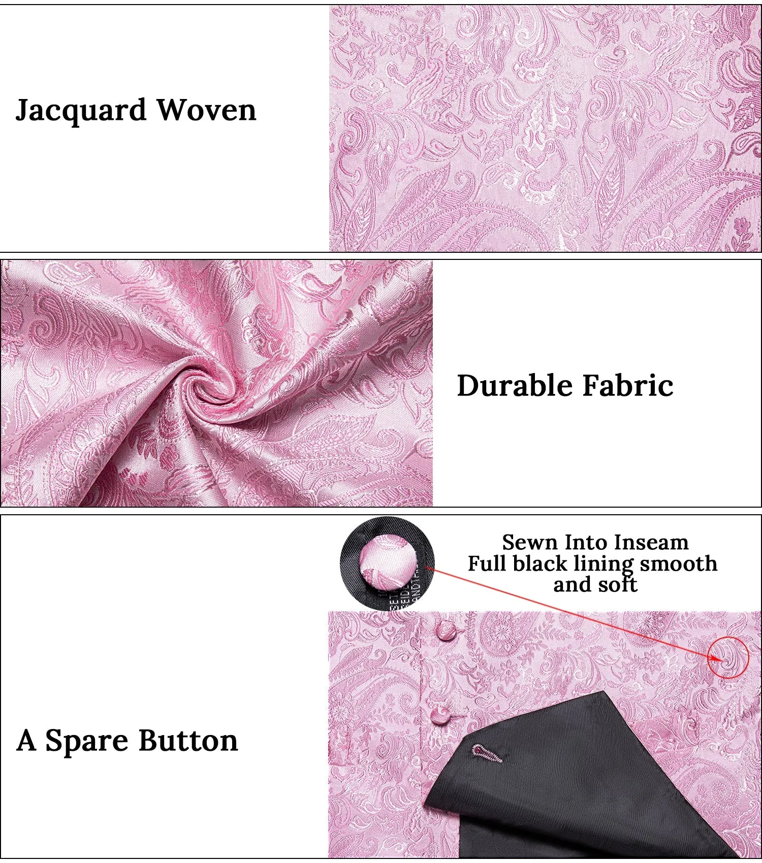 Light Pink Paisley Silk Men's Vest Hanky Cufflinks Tie Set