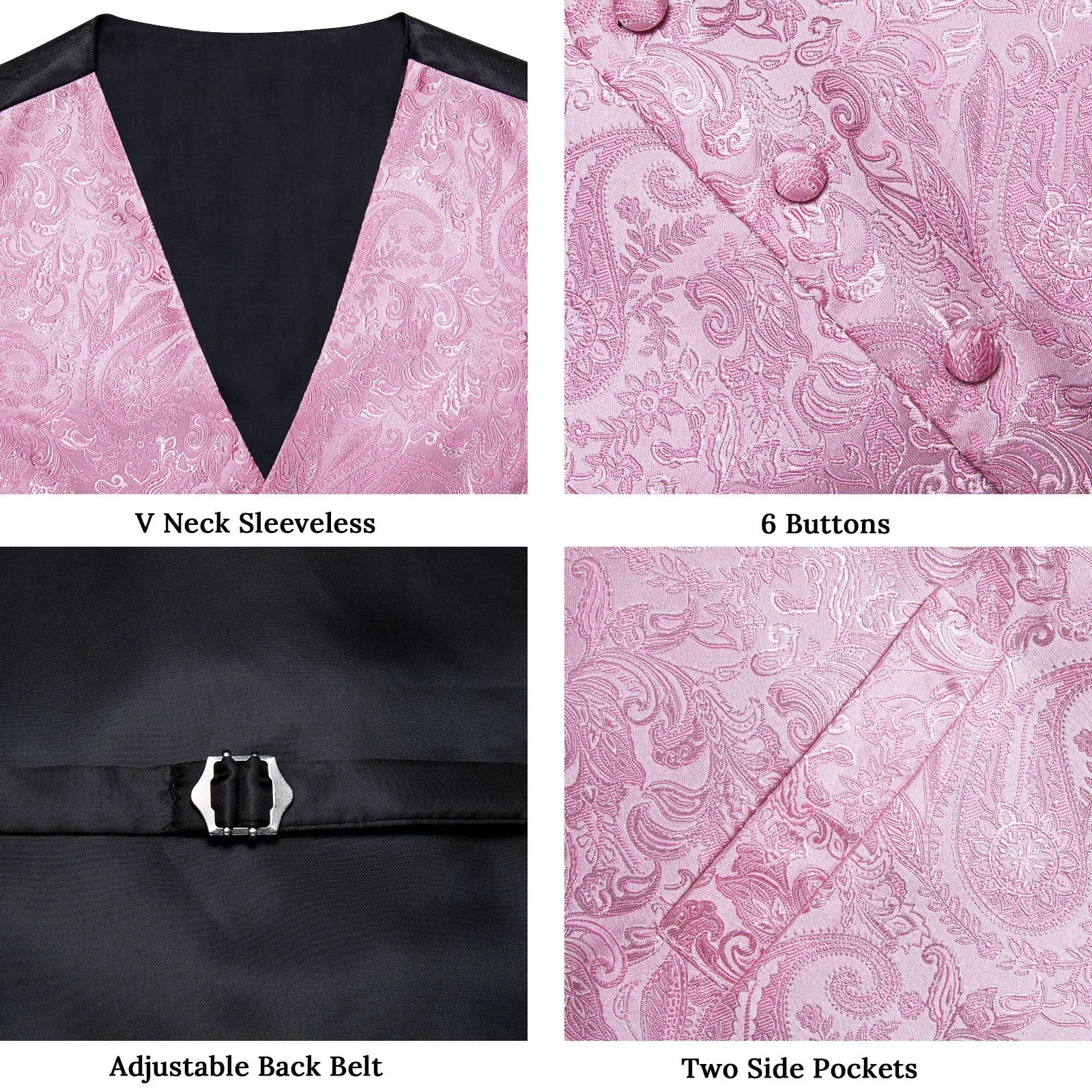 Light Pink Paisley Silk Men's Vest Hanky Cufflinks Tie Set
