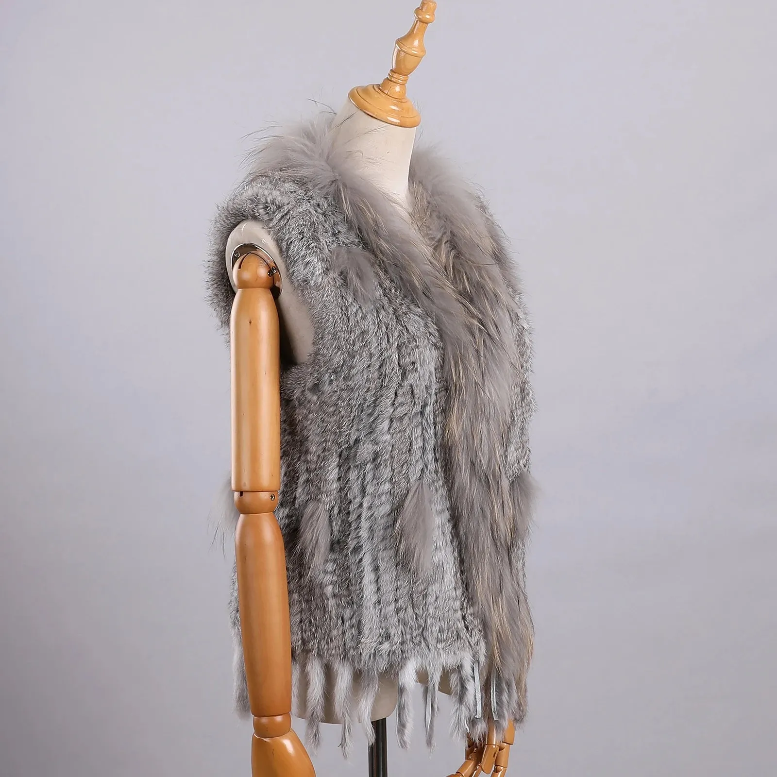 LVSANW Luxury Women's Genuine Premium Long Hair Rabbit Fur Knit Vest Raccoon Fur Trim Gilet Lady Sleeveless Waistcoat Real Fur Jacket