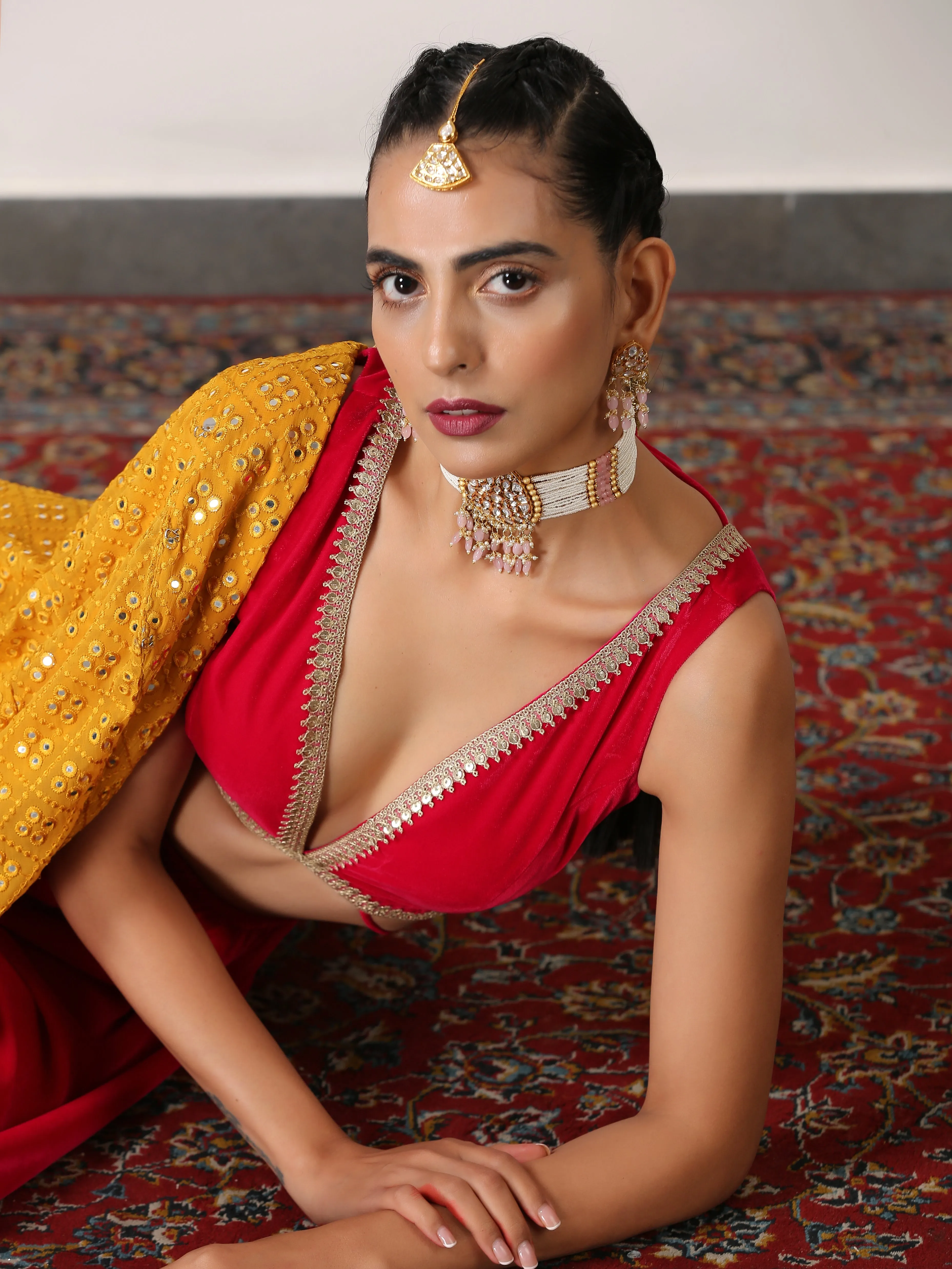 Mustard Shawl With All Over Parallel Embroidery