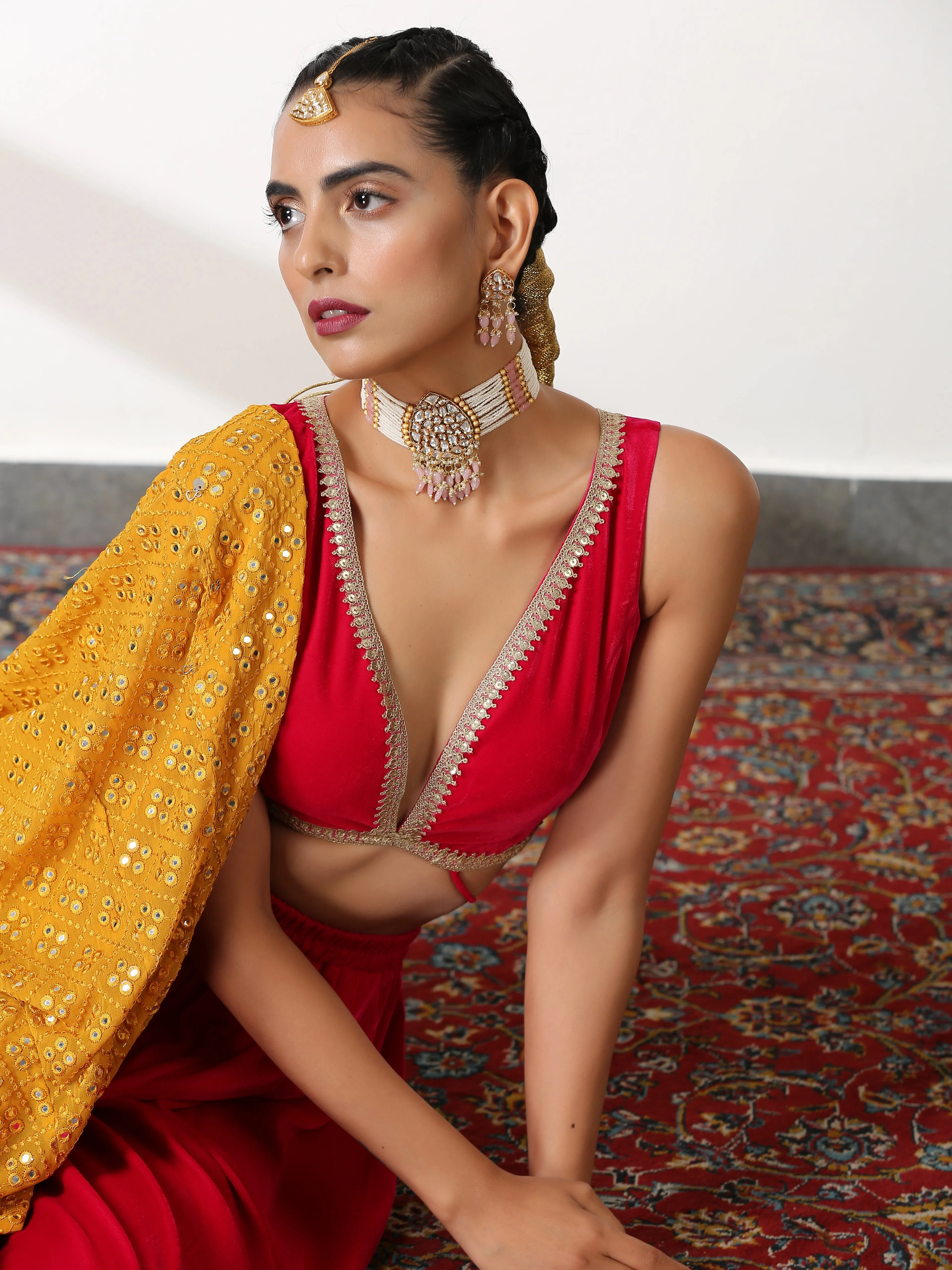 Mustard Shawl With All Over Parallel Embroidery