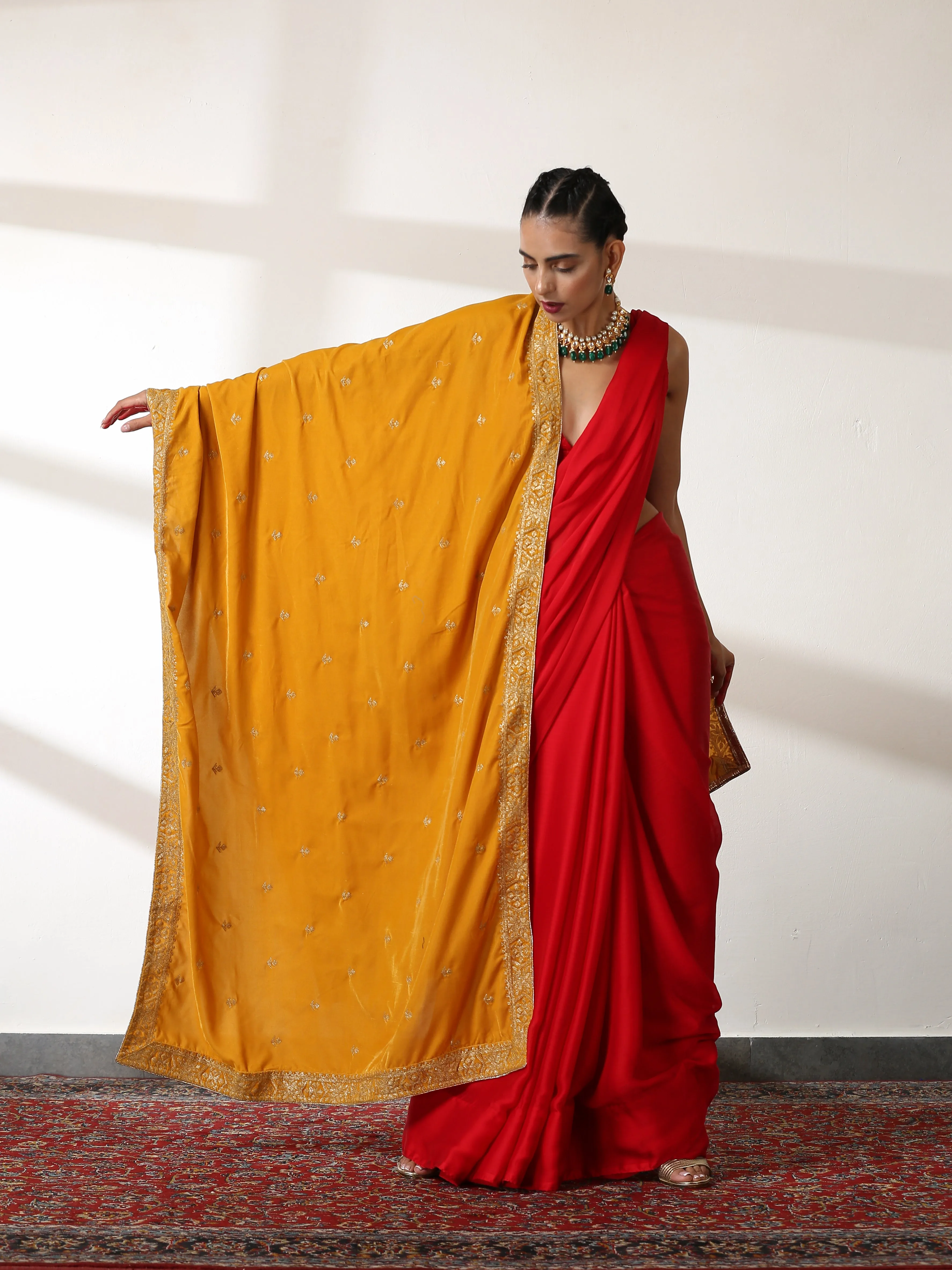 Mustard Shawl With All Over Parallel Embroidery