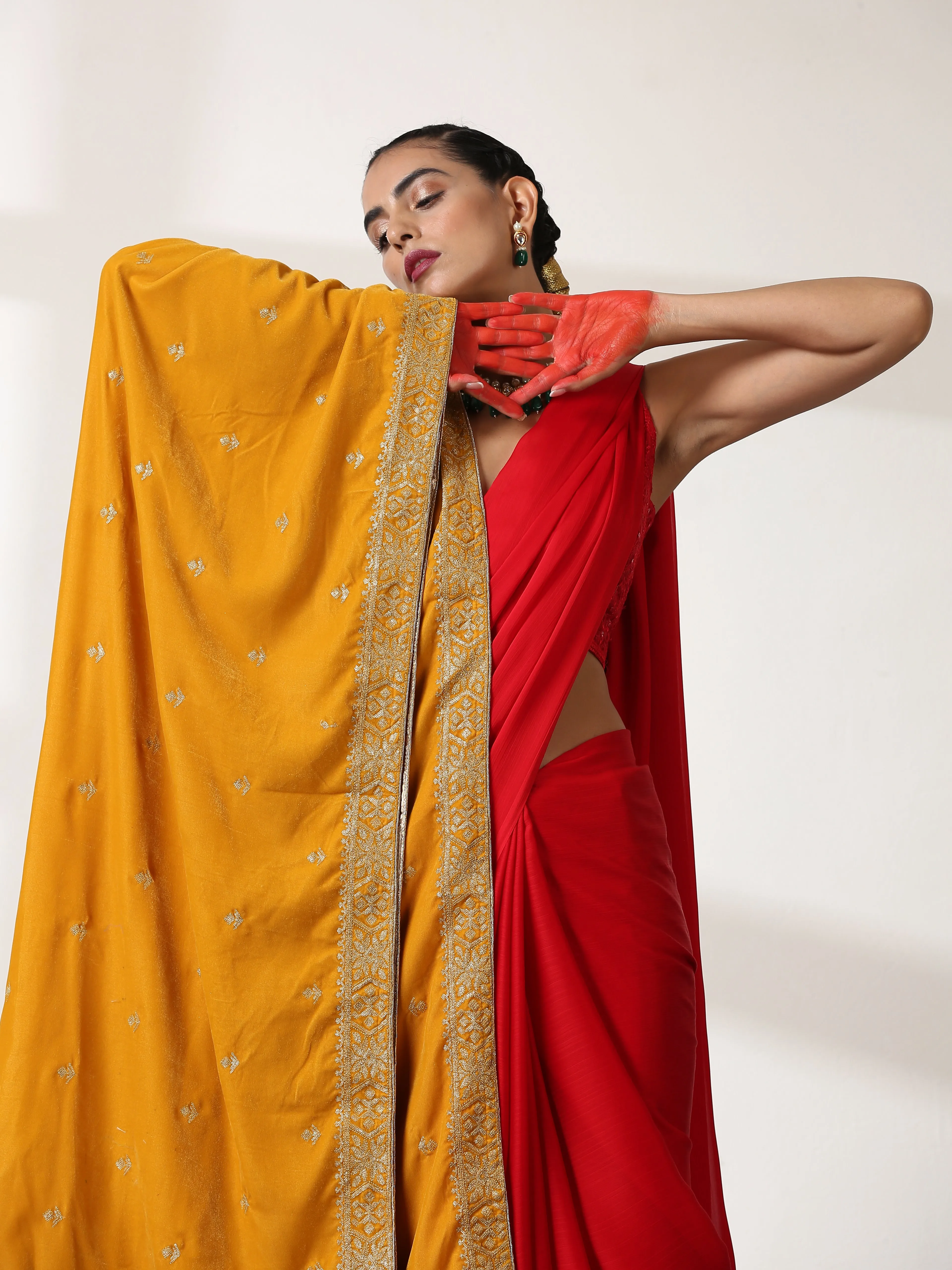 Mustard Shawl With All Over Parallel Embroidery