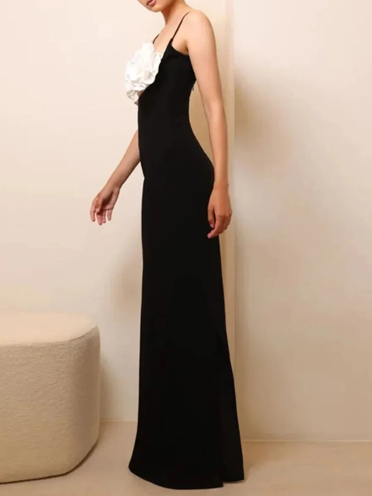 Patchwork Appliques Sexy Camisole Dresses For Women Square Collar Sleeveless High Waist Backless Colorblock Dress Female New