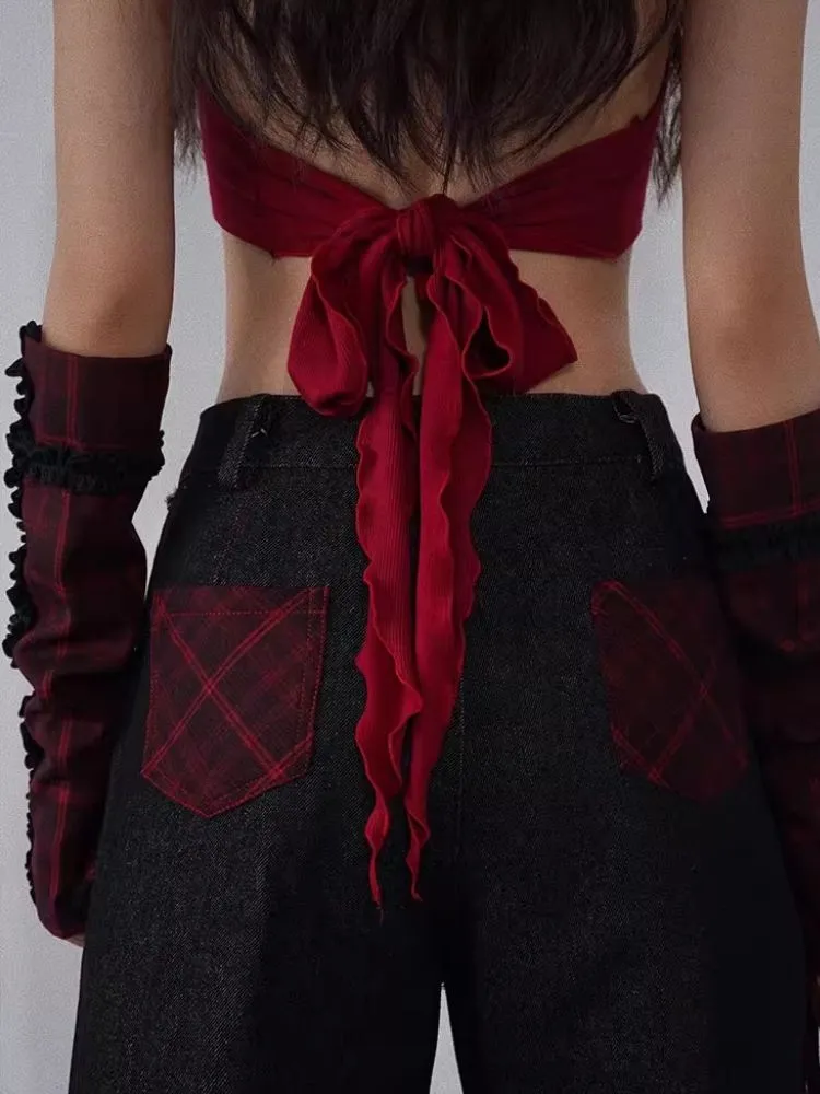 red and black fur collar camisole