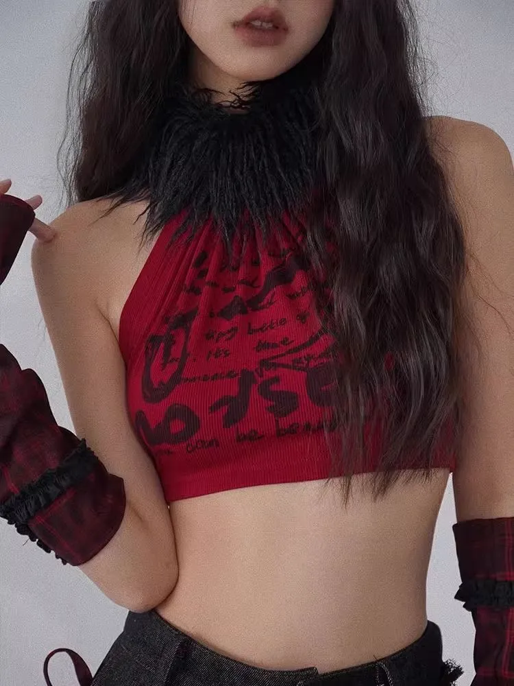 red and black fur collar camisole