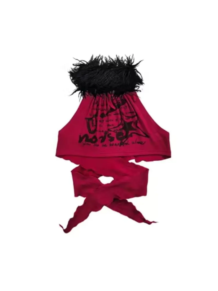 red and black fur collar camisole