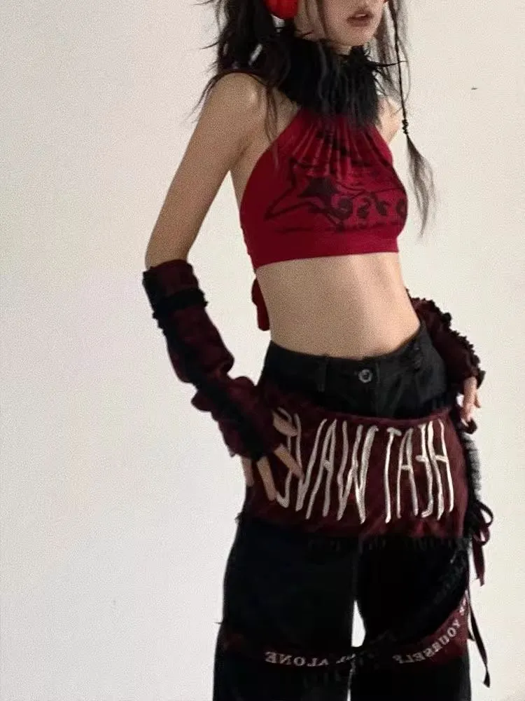 red and black fur collar camisole