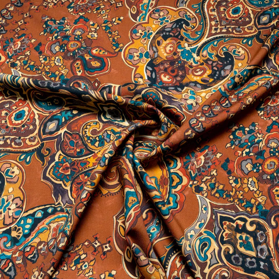 Rich Brown & Blue Paisley Printed Pure Merino Wool