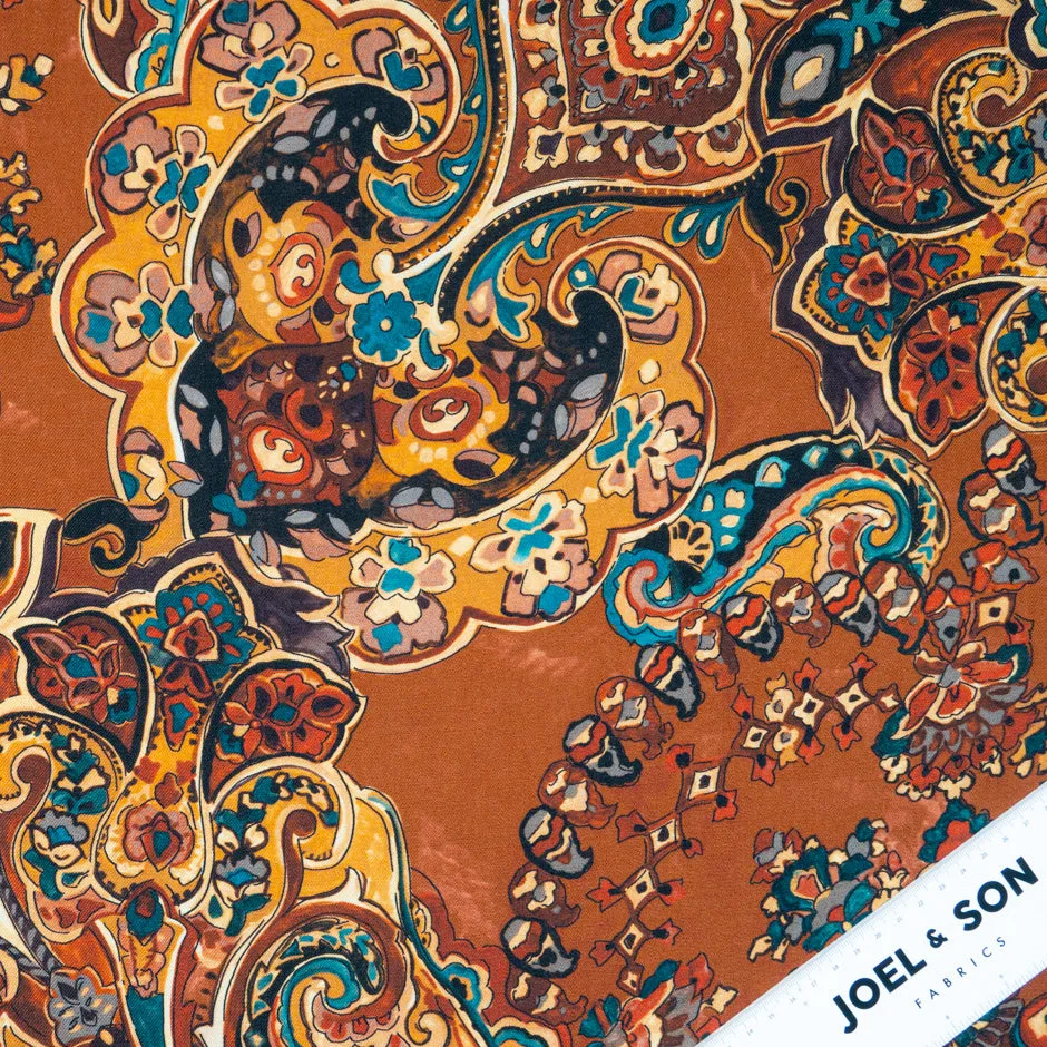 Rich Brown & Blue Paisley Printed Pure Merino Wool
