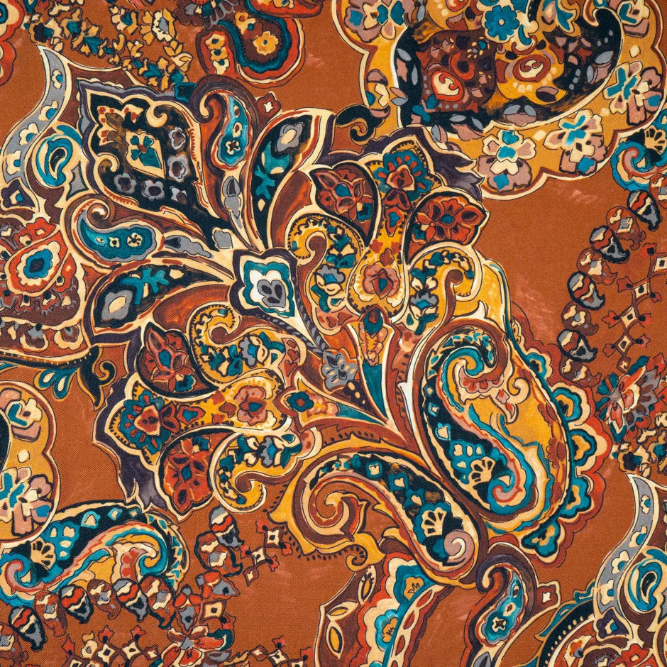 Rich Brown & Blue Paisley Printed Pure Merino Wool