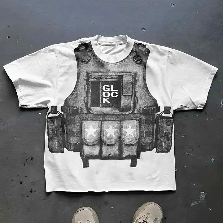 Riolio Retro Big Bulletproof Vest Graphic T Shirts Print Oversized Gothic Streetwear Harajuku Couples Graphic Y2k Tops Goth Men Clothes