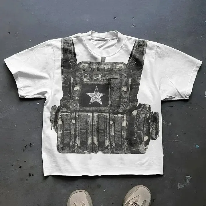 Riolio Retro Big Bulletproof Vest Graphic T Shirts Print Oversized Gothic Streetwear Harajuku Couples Graphic Y2k Tops Goth Men Clothes