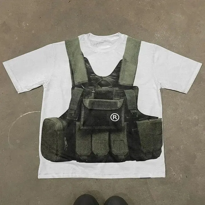 Riolio Retro Big Bulletproof Vest Graphic T Shirts Print Oversized Gothic Streetwear Harajuku Couples Graphic Y2k Tops Goth Men Clothes