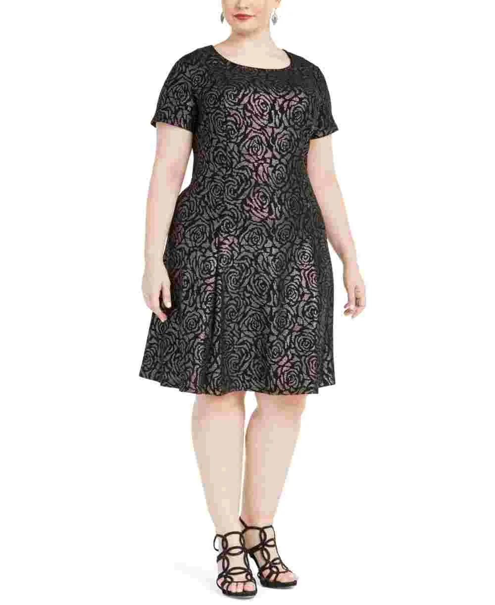 Robbie Bee Women's Floral Short Sleeve Jewel Neck Above The Knee Fit   Flare Party Dress Black Size 3X
