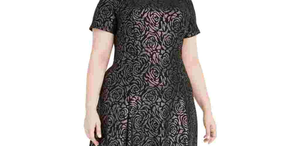 Robbie Bee Women's Floral Short Sleeve Jewel Neck Above The Knee Fit   Flare Party Dress Black Size 3X
