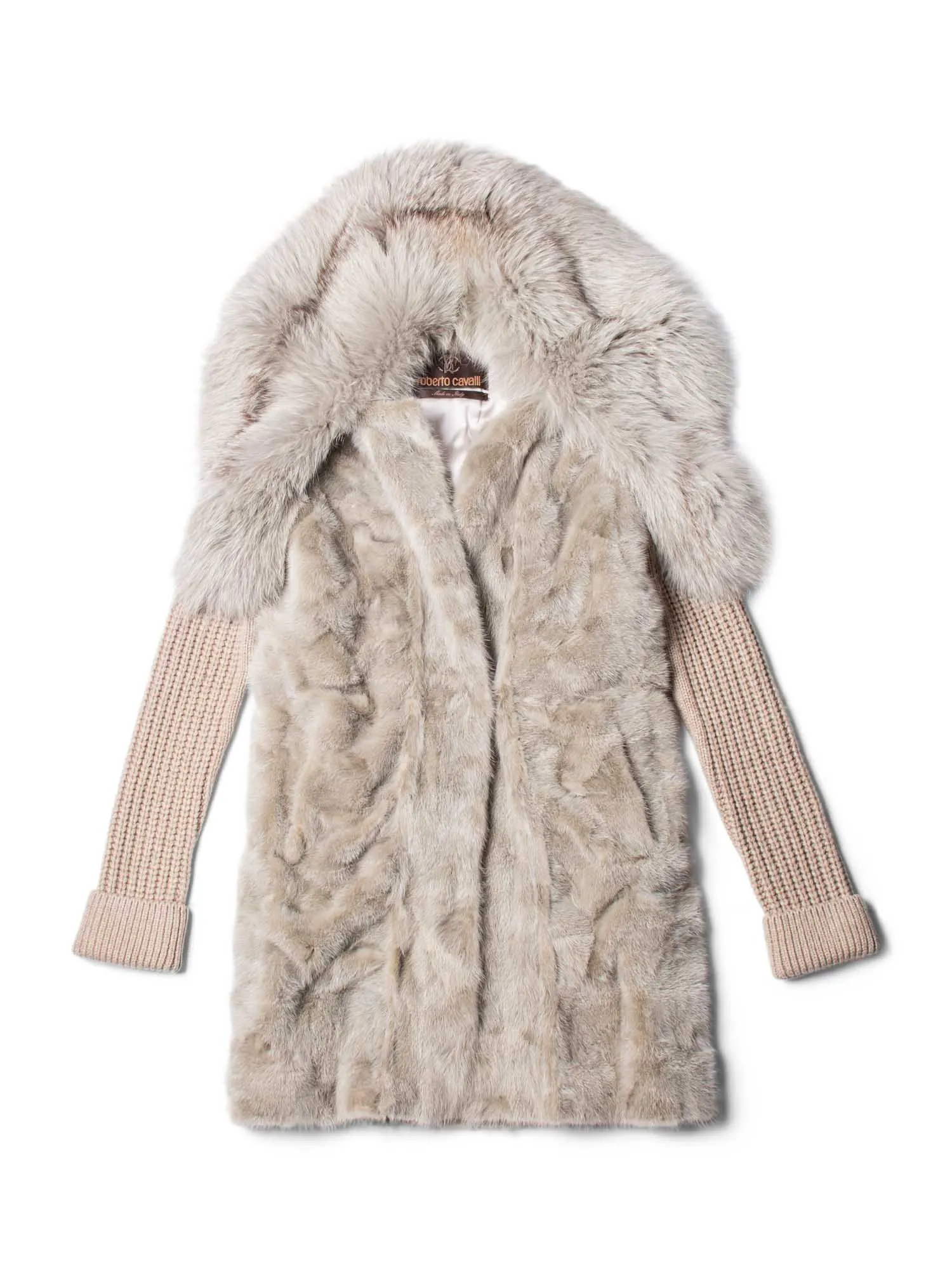 Roberto Cavalli Mink Fox Vest with Knitted Sleeves Jacket Taupe