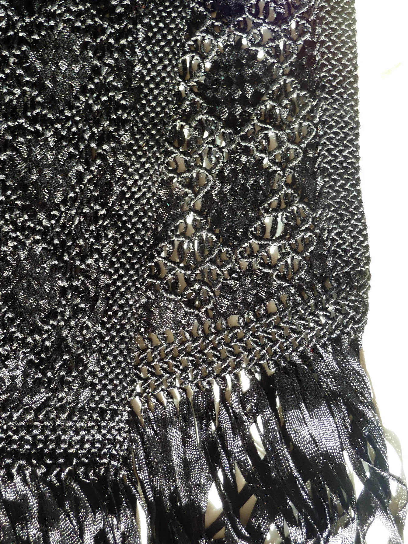 Silk Macrame Triangle Shawl Silver Ivory