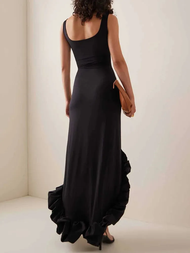 Spliced Ruffles Irregular Sexy Dresses For Women Square Collar Sleeveless High Waist Backless Slimming Camisole Dress Female
