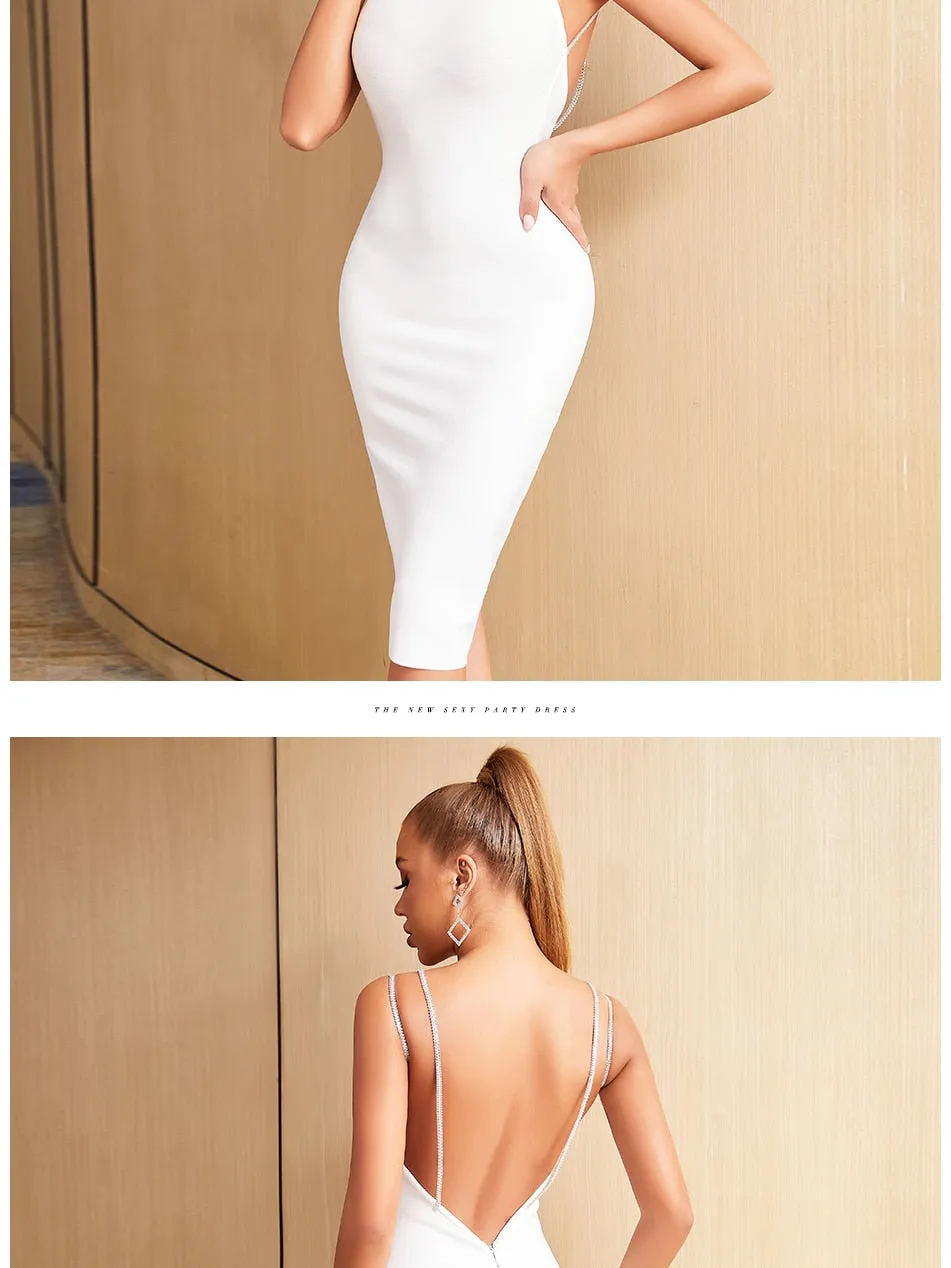 Summer Spaghetti Strap Backless Bandage Dress Diamonds Celebrity Club Evening Runway Party Dresses