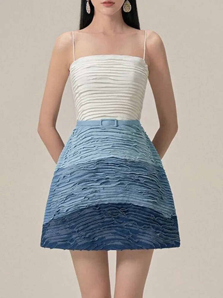 Sweet Camisole Mini Dresses For Women Square Collar Sleeveless High Wiast Spliced Belt Denim Slim Dress Female