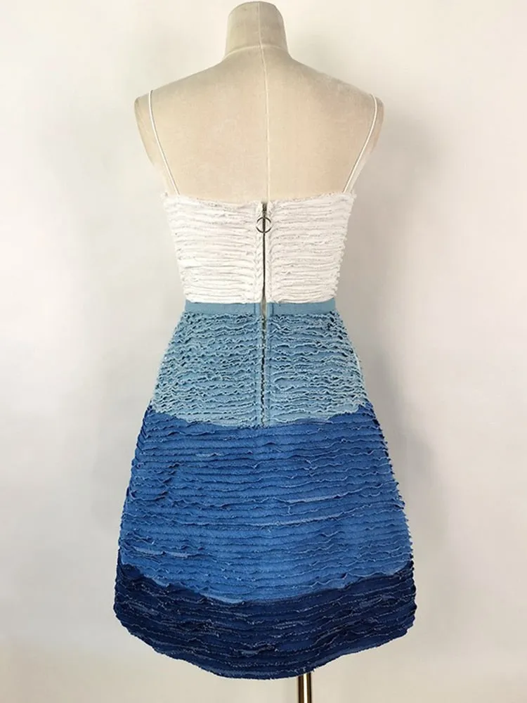 Sweet Camisole Mini Dresses For Women Square Collar Sleeveless High Wiast Spliced Belt Denim Slim Dress Female