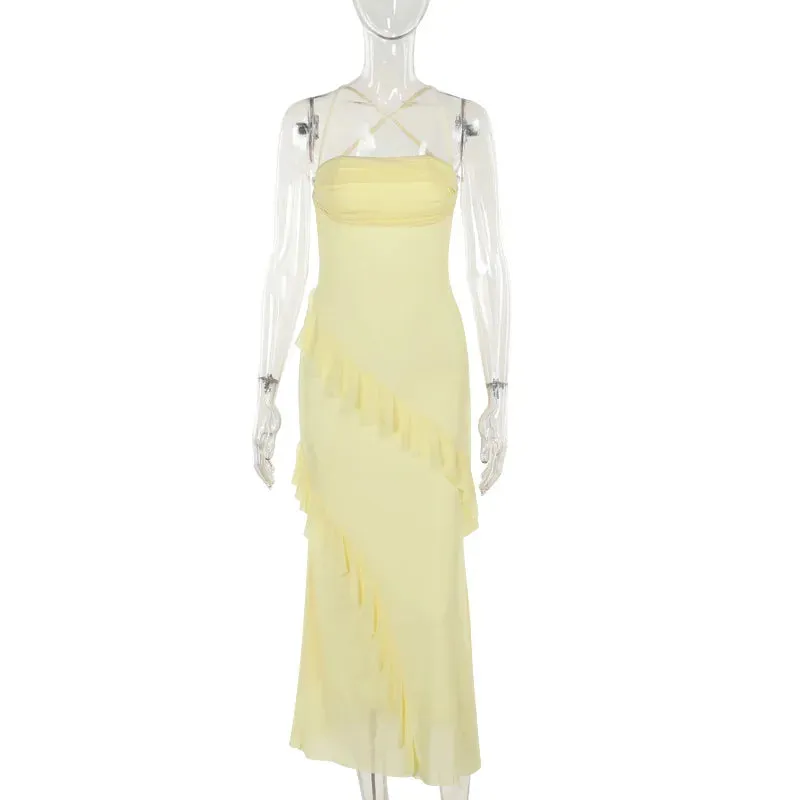 TAVIMART  -  Irregular Ruffle Edge Spliced Camisole Dress Slim Fit Folds Pocket Collar Sleeveless Sexy Backless Wrapped Hip Vestido