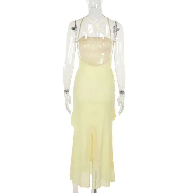 TAVIMART  -  Irregular Ruffle Edge Spliced Camisole Dress Slim Fit Folds Pocket Collar Sleeveless Sexy Backless Wrapped Hip Vestido