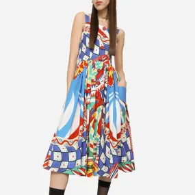 Vintage Printing Camisole Dress For Women Square Collar Sleeveless High Waist Spliced Buttons Hit Color Dresses Female New