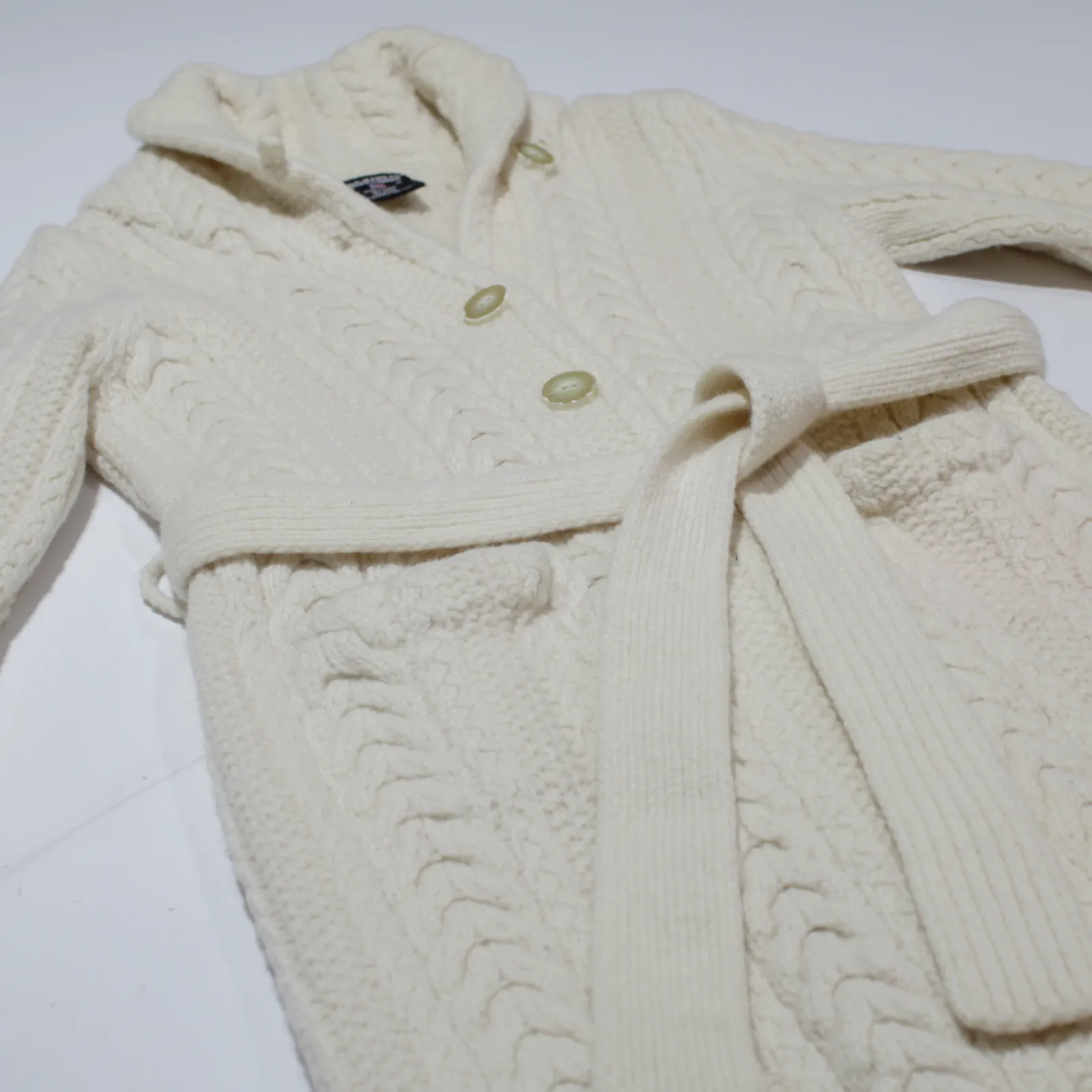 Vintage RALPH LAUREN POLO JEANS COMPANY Belted Womens Overcoat Coat Cream Knit Wool 90s M