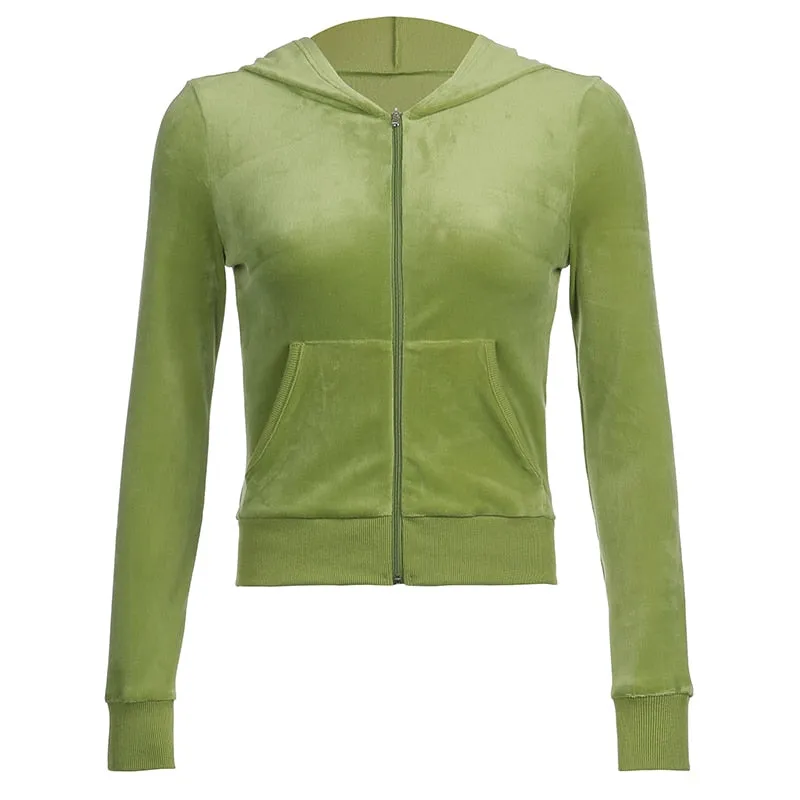 Voguable  Casual Velvet Crop Top Winter Jacket Women Green Pink Zip Up Hoodies Coats Ladies Fashion Skinny Overcoat Streetwear