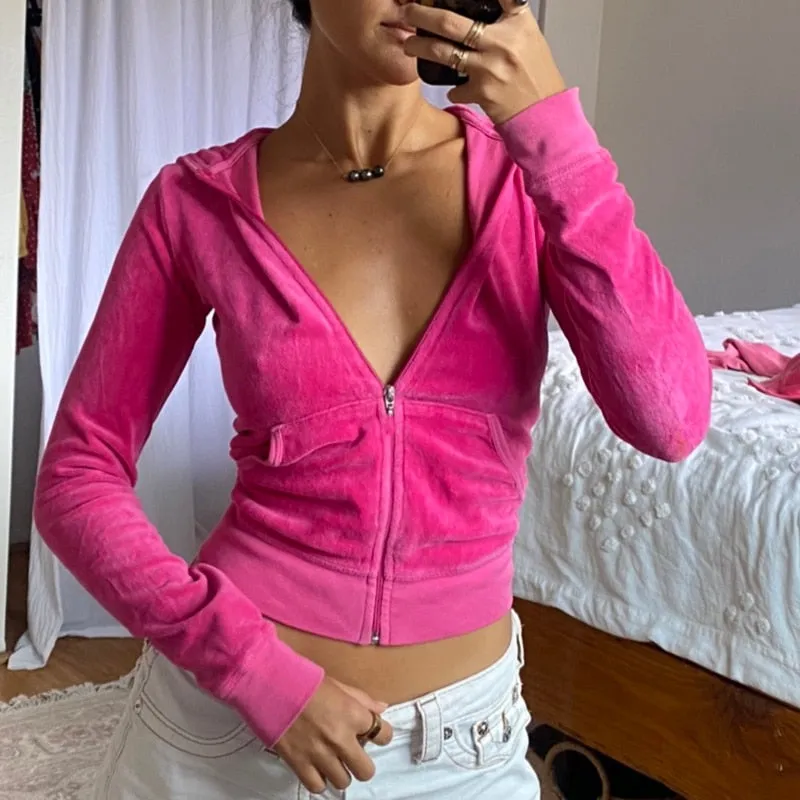 Voguable  Casual Velvet Crop Top Winter Jacket Women Green Pink Zip Up Hoodies Coats Ladies Fashion Skinny Overcoat Streetwear