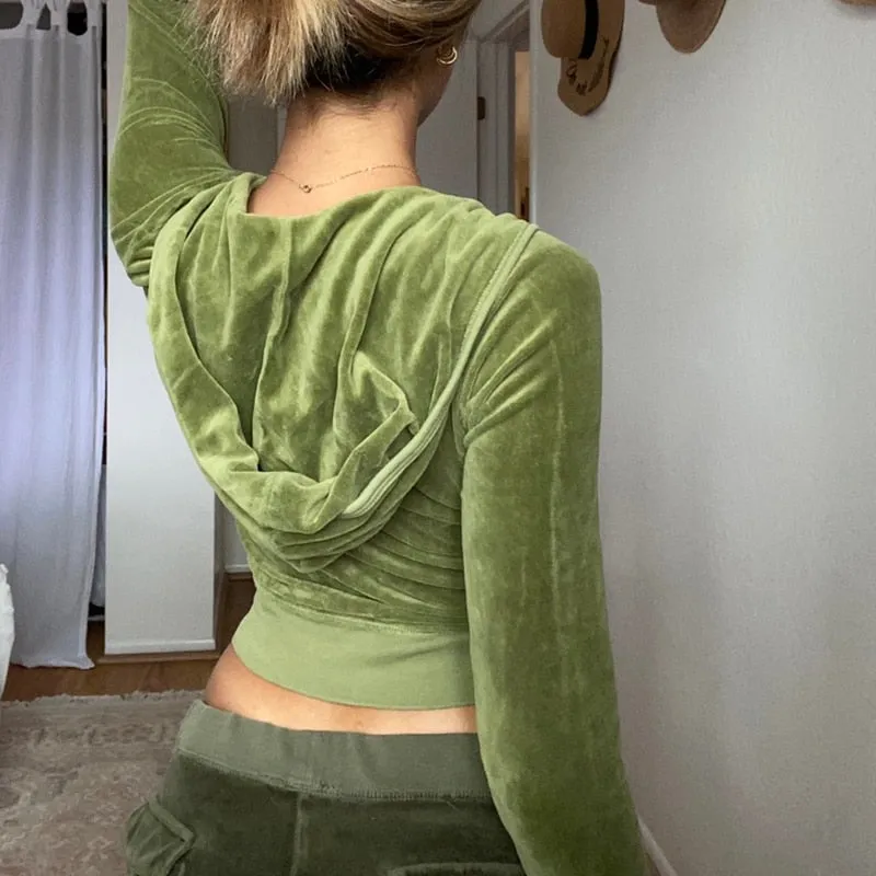 Voguable  Casual Velvet Crop Top Winter Jacket Women Green Pink Zip Up Hoodies Coats Ladies Fashion Skinny Overcoat Streetwear