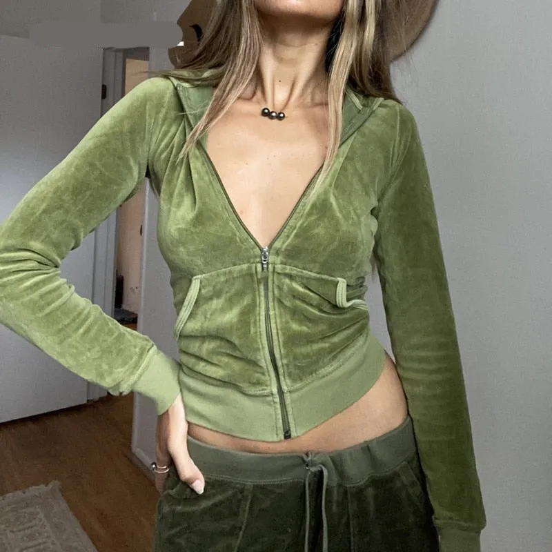 Voguable  Casual Velvet Crop Top Winter Jacket Women Green Pink Zip Up Hoodies Coats Ladies Fashion Skinny Overcoat Streetwear