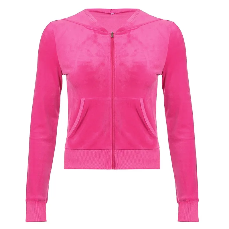 Voguable  Casual Velvet Crop Top Winter Jacket Women Green Pink Zip Up Hoodies Coats Ladies Fashion Skinny Overcoat Streetwear